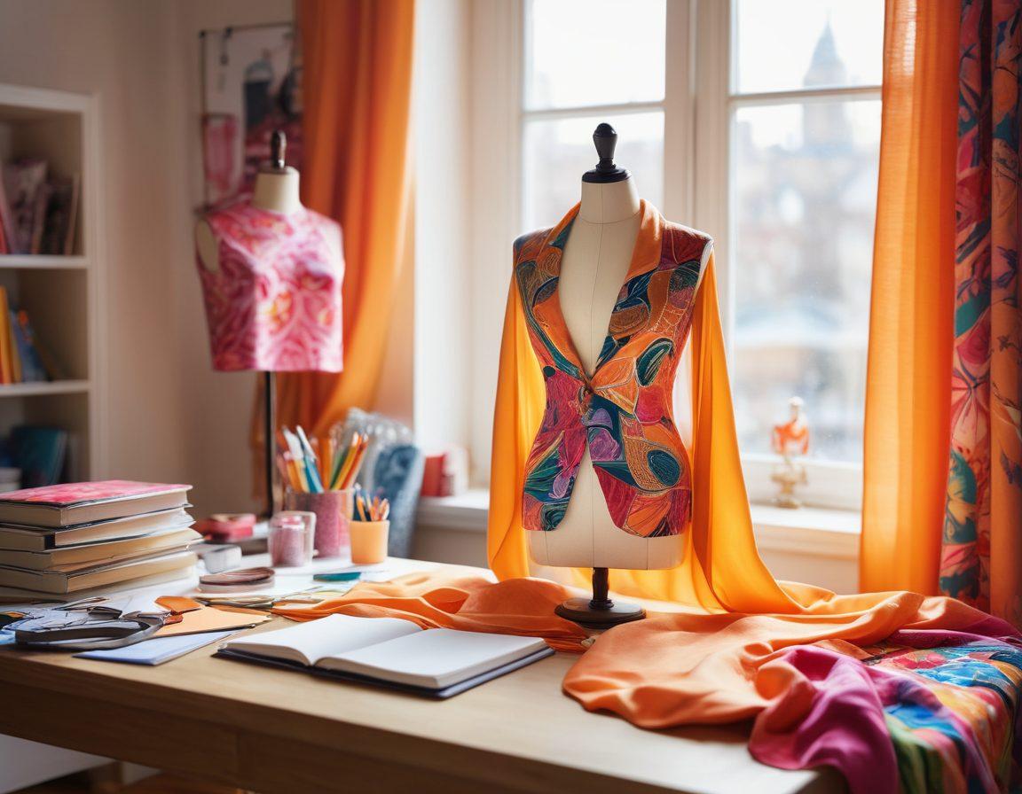 A stylish designer workspace showcasing a sketchbook filled with vibrant fashion designs, with a mannequin draped in fabric. In the background, a shield symbol represents insurance safeguarding creativity, with threads and scissors nearby to emphasize the fashion aspect. Warm light filters through a window, creating an inviting and artistic atmosphere. super-realistic. vibrant colors. soft focus.